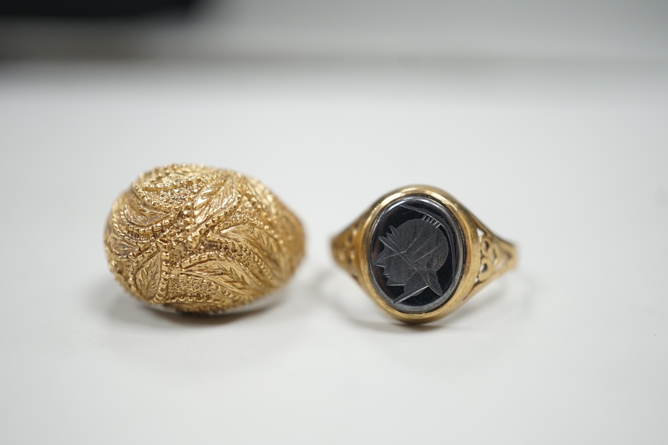 Two modern 9ct gold rings, including hematite signet ring